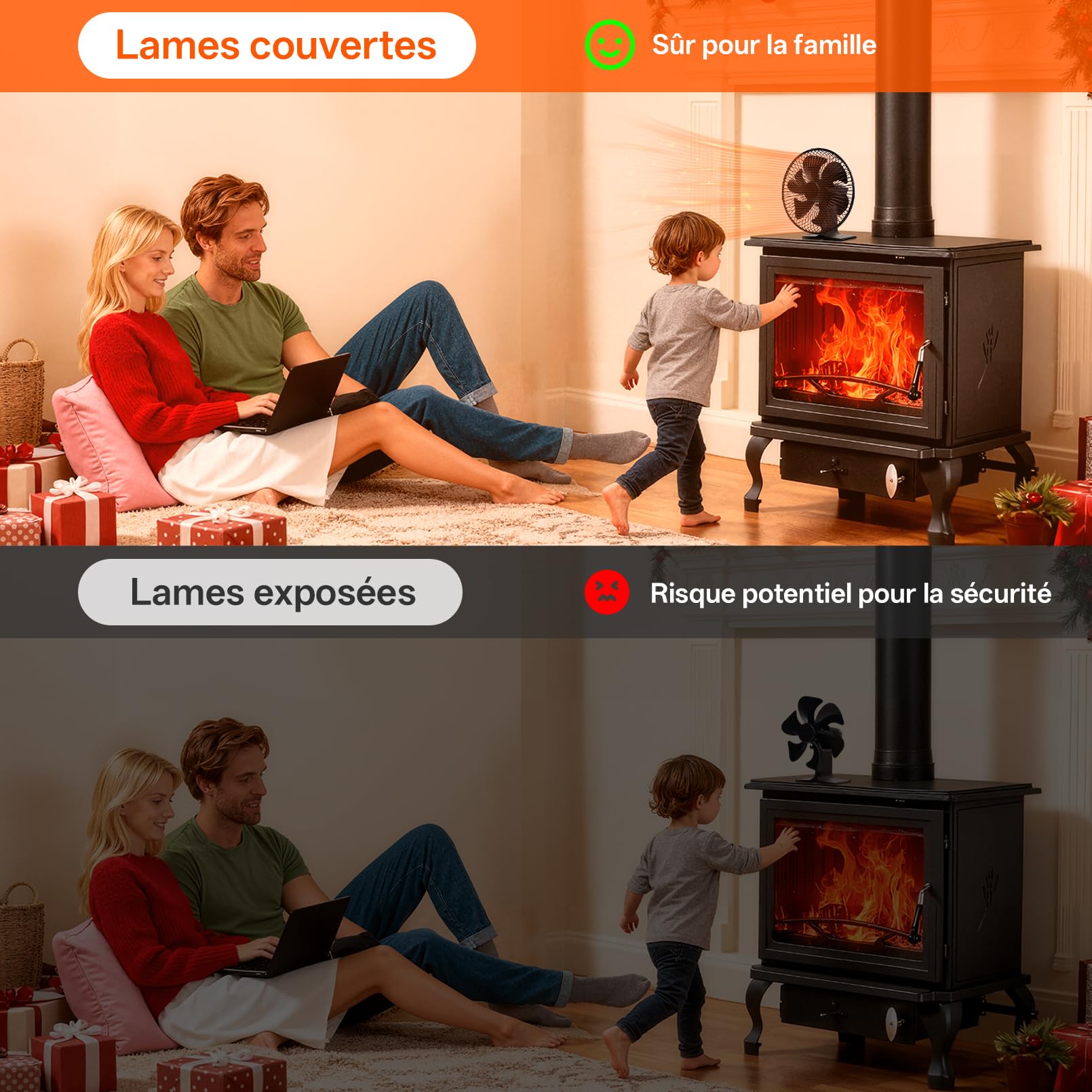 JossaColar Ventilateur de Poêle Ventilateur de Cheminée avec Grille de Protection | ventilateur de poele à 6 pales | Socle réglable, adapté aux cheminées et aux tuyaux de poêle