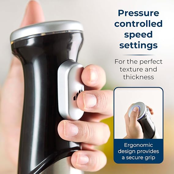 Tower 3-in-1 Hand Blender with 1200W Motor, Pressure Controlled Speed Settings, Stainless Steel Blades, Food Chopper & 800ml Beaker, Stainless Steel, T12099