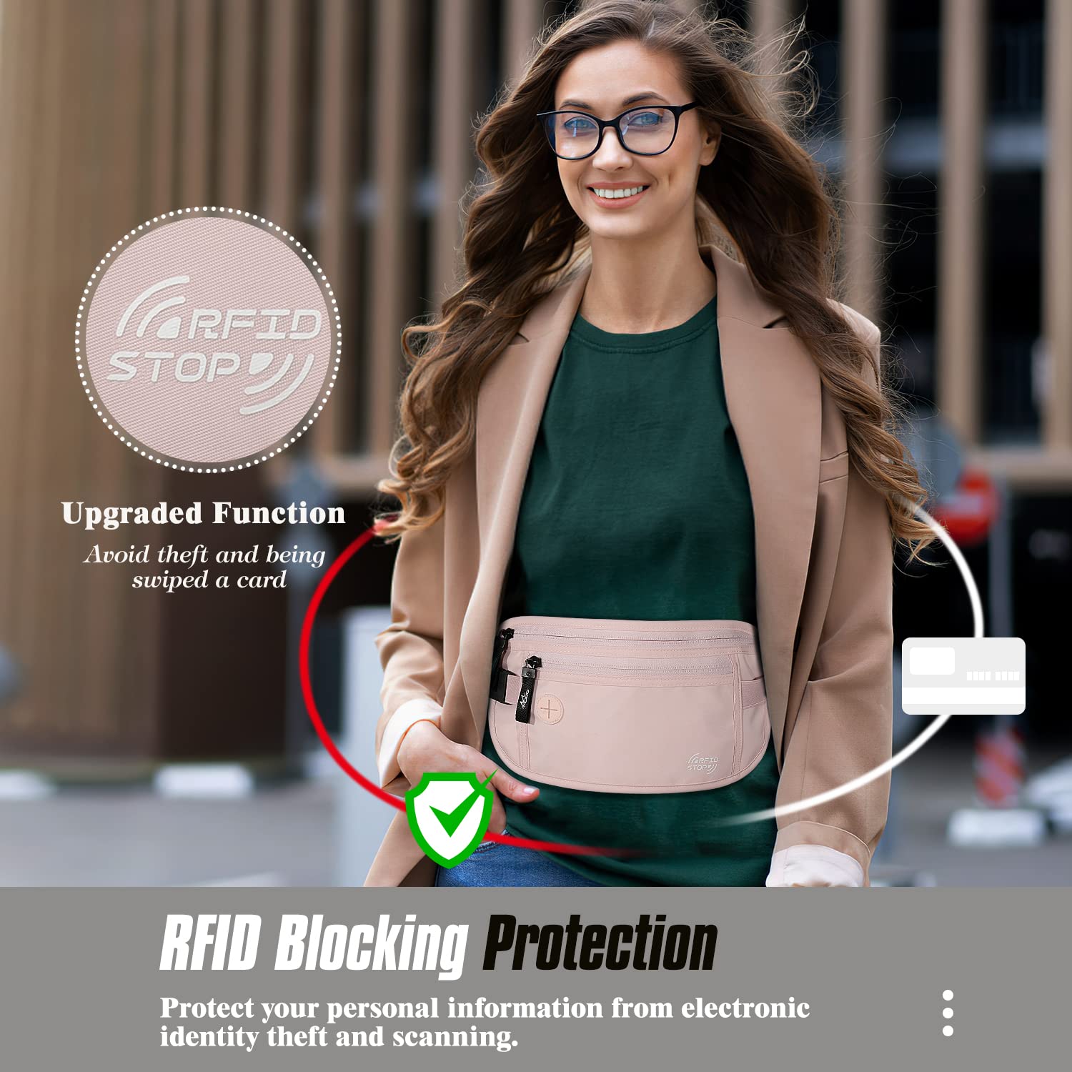 MoKo Geldgürtel für Reisen, Reisegeldbeutel Diebstahlsicher mit RFID-blockierung Kreditkartenfach, Versteckt Flach Bauchtasche Geldgürtel für Damen und Herren Unter Kleidung, Rosa