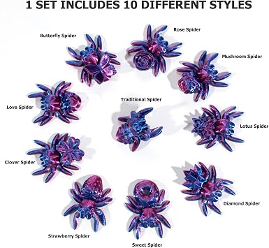 QINGMIAO 10Pcs 3D Printed Mini Spiders, Articulated Spider Toys, 3D Print Animals Fidget Toys Decor for Stress Relief, Action Figure Toys Desktop Pet (Fantasy Purple)