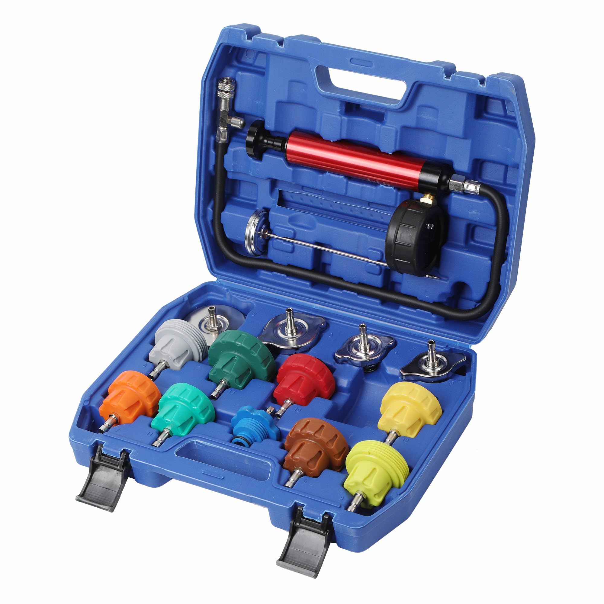 Kühlsystem Abdrückgerät Kühler Prüfgerät Kühlsystemtester Inklusive Füllsystem, Kühlmittel, Kühler, Testgerät, Testkoffer (15 TLG)