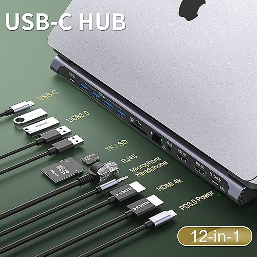 Miniatura 6 de Estación de acoplamiento USB C, adaptador ONTEN USB-C a HDMI dual HUB .12 en 1 USB-A 3.0, USB-C 3.0, USB-C 3.0. Lector de tarjetas sdtf Gigabit