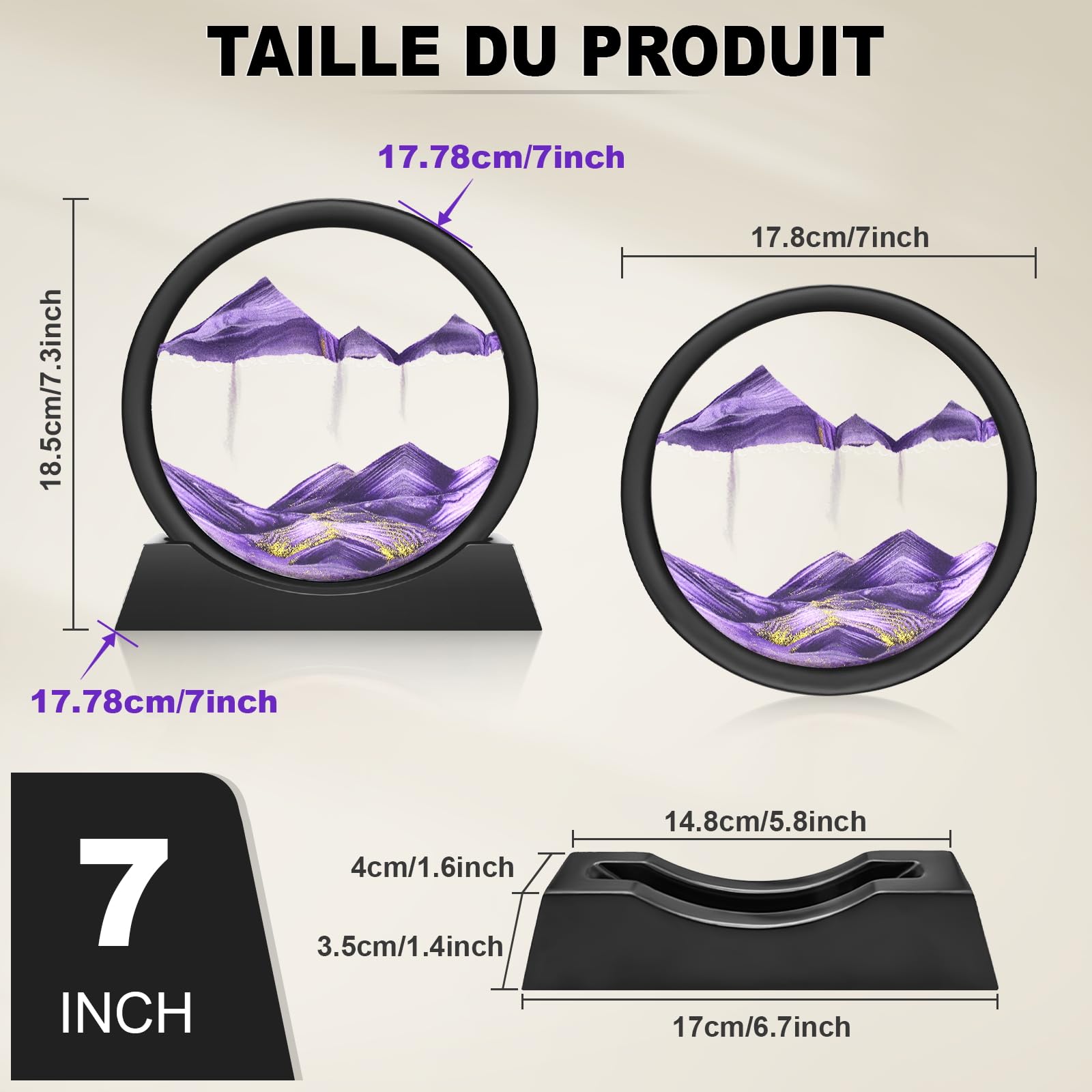 Wai Danie Sable Mobile Avec Lumière LED, Paysage De Sable Cinétique Relaxant En Verre Rond