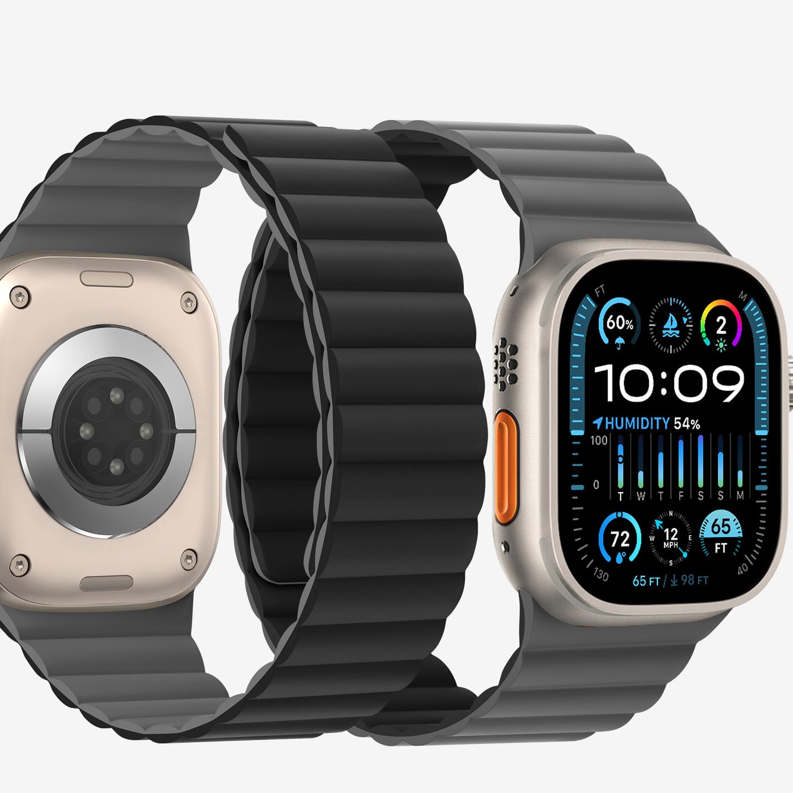 Bisikor Compatible with Apple Watch Band 49 46 45 44 42 41 40 38mm, Double Sided Wearable Silicone Magnetic Strap for iWatch Ultra SE Series 10 9 8 7 6 5 4 3 2 1 (42/44/45/46/49, Black/Gray)