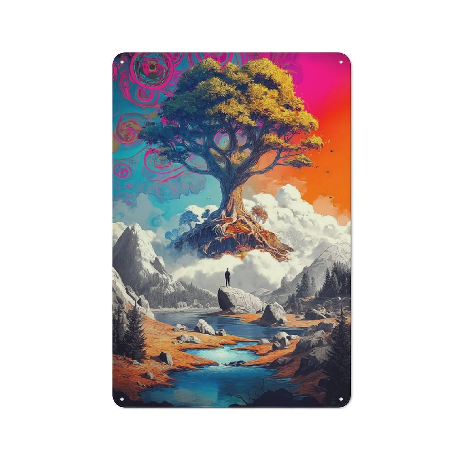 Junmoney Enchanted Landscape With Giant Tree Retro Metal Wall Sign 30X20cm For Hobby Room Or Studio, For Garage, Workshop And Man Cave Decoration