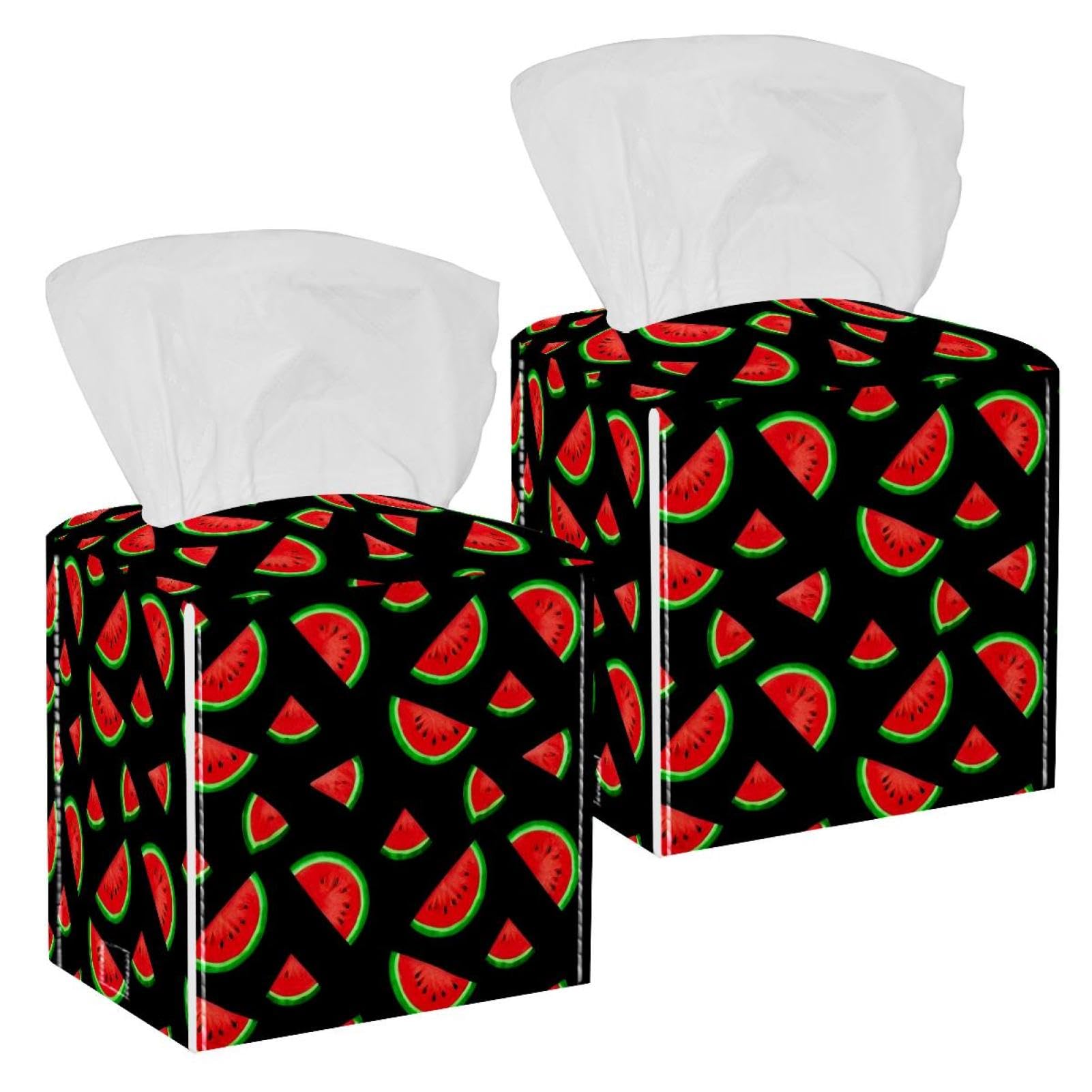 Watermelon Tissue Box Cover, 2 Pack PU Leather Square Facial Tissue Dispenser Box holder for Home Office Car