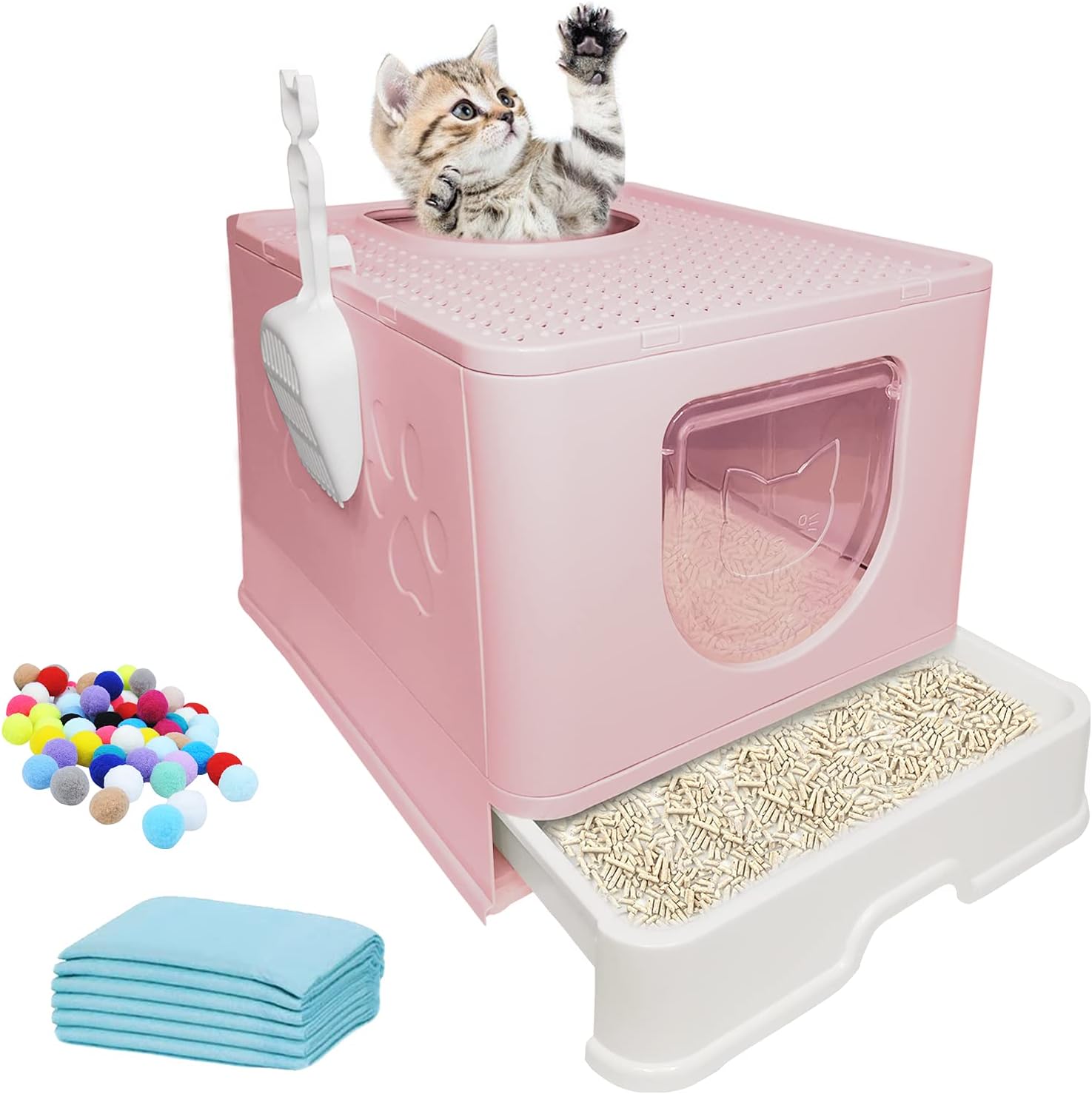 Hamiledyi Foldable Cat Litter Box with Lid, Large Litter Box with Drawer Enclosed Kitty Litter Pan, Top Entry Type Cat Potty with…