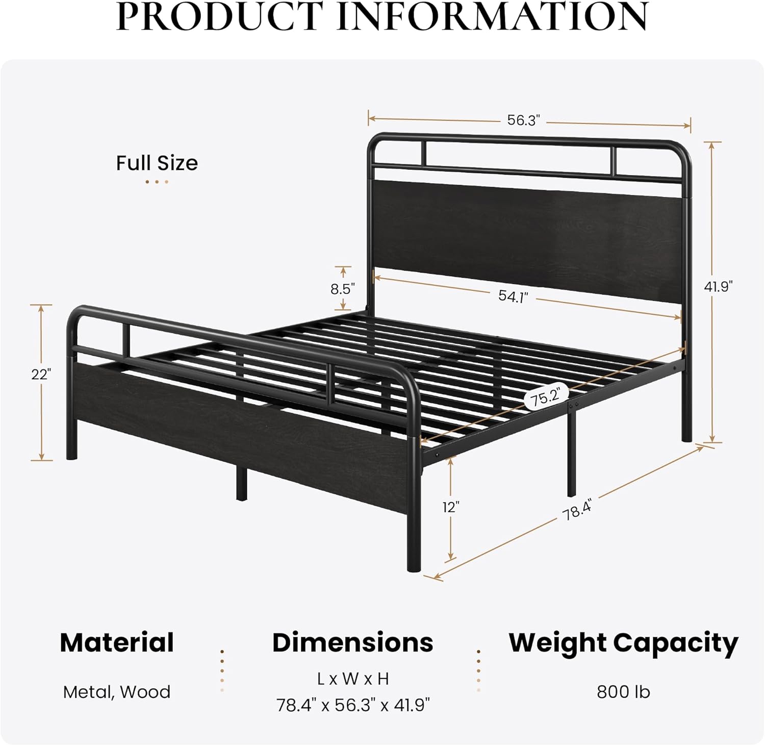SHA CERLIN Full Size Bed Frame with Vintage Industrial Wood Headboard, Heavy Duty Metal Platform with 12" Under-Bed Storage, Mattress Foundation, No Box Spring Needed, Noise-Free, Easy Assembly, Black