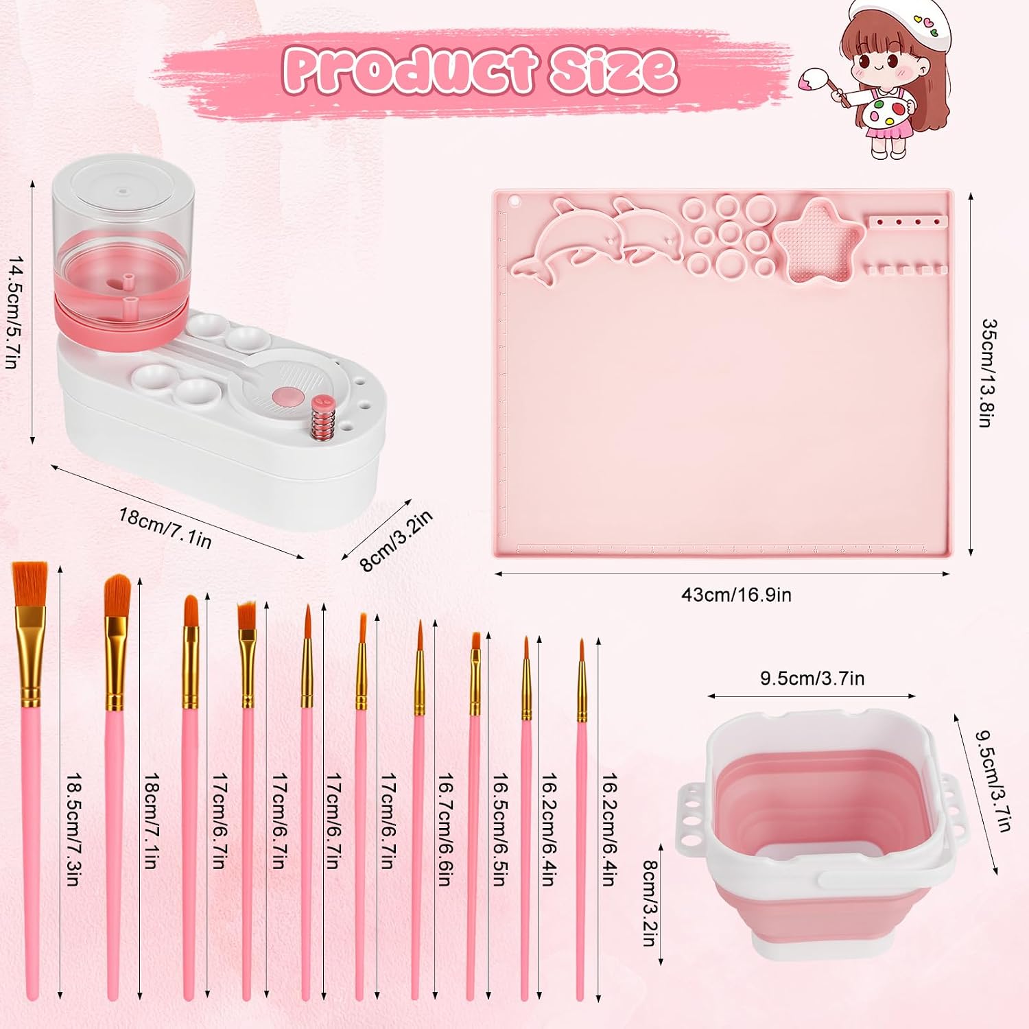Painting Station, Paint Brush Cleaner (Pre-Assembled) and Silicone Art Mat 16.7"X13.5", Foldable Paint Brush Rinser Bowl with 10 Paint Brushes for Adults Artist Beginners Birthday Gifts(Pink)