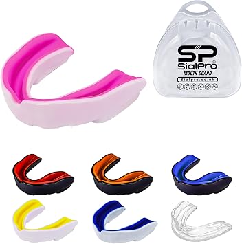 Double Layer Mouth Guards Slim Fit Adult Senior Mouldable Gum Shield with Case for Boxing Men MMA Rugby Hockey Basketball Muay Thai Kickboxing Football All Contact Sports(12+ Years), White-Pink