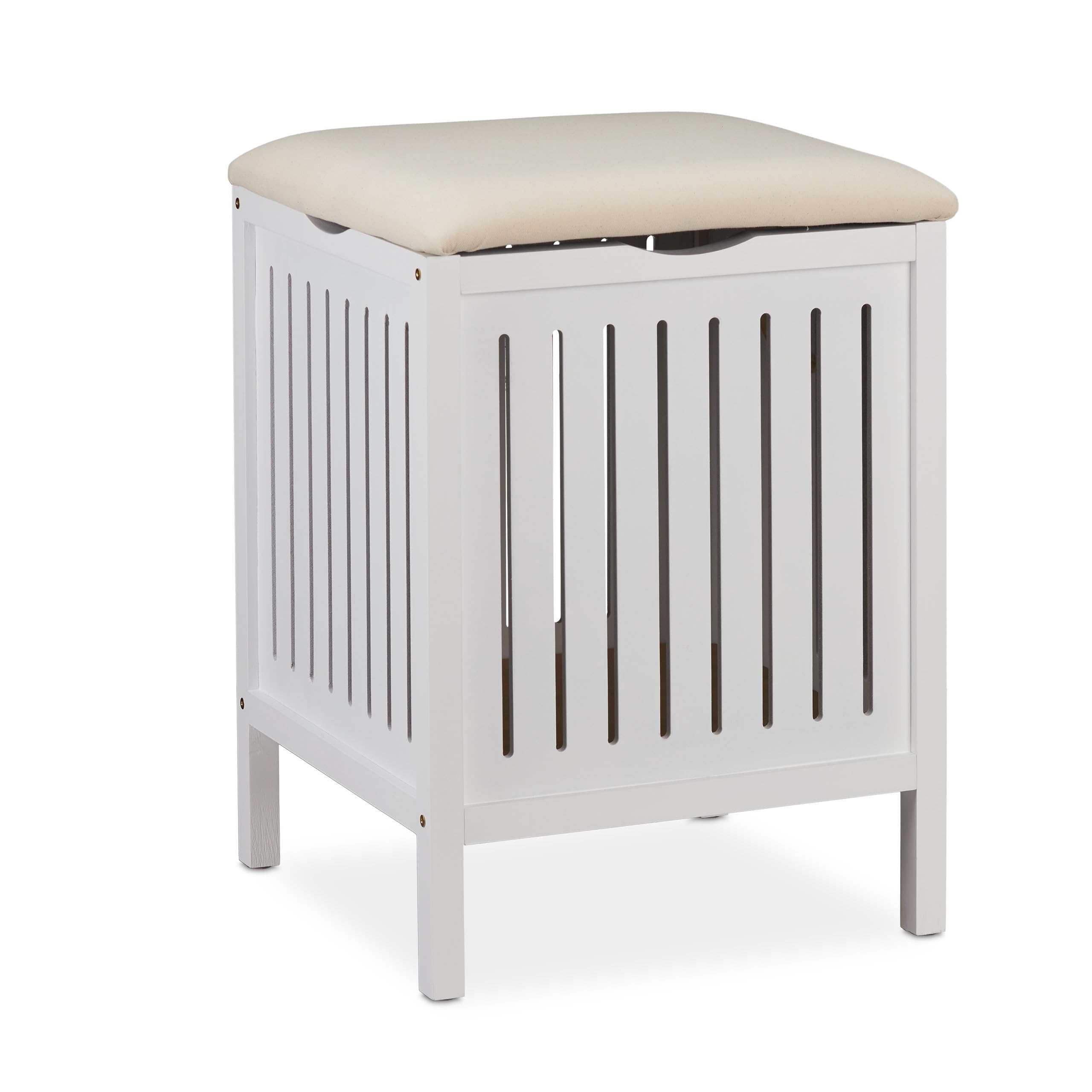 Relaxdays Wäschekorb mit Sitz, Landhausstil, 40 l Wäschesammler, Holz & Stoff, Badhocker HxBxT: 55 x 41 x 41 cm, weiß