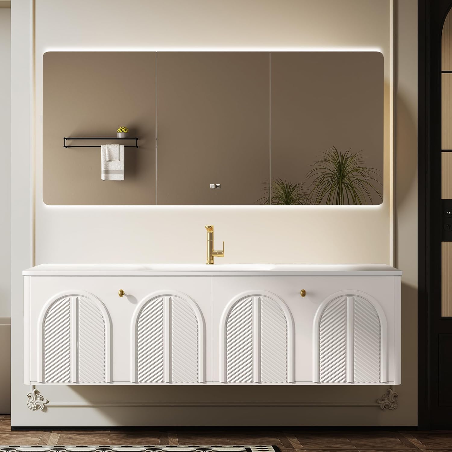 [Clearance] Solid Oak Bathroom Vanity with Single Sink & Smart Mirrored Cabinet, Floating Vanity with Sink, White Bathroom Sink Cabinet with Hand Carving. (48''Single Sink)