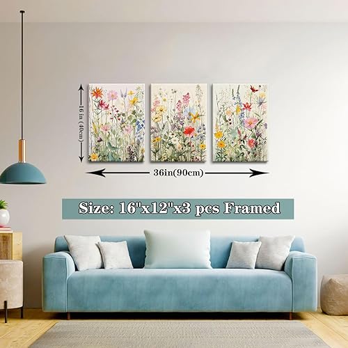 Miniatura 6 de KISSFOX 3 piezas de lienzo de arte de pared de flores silvestres para decoración de pared, cuadros florales, pinturas botánicas, impresiones de