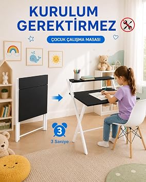Dobo Çocuk Öğrenci Katlanır Çalışma Masası Ders Masası, Beyaz - Siyah