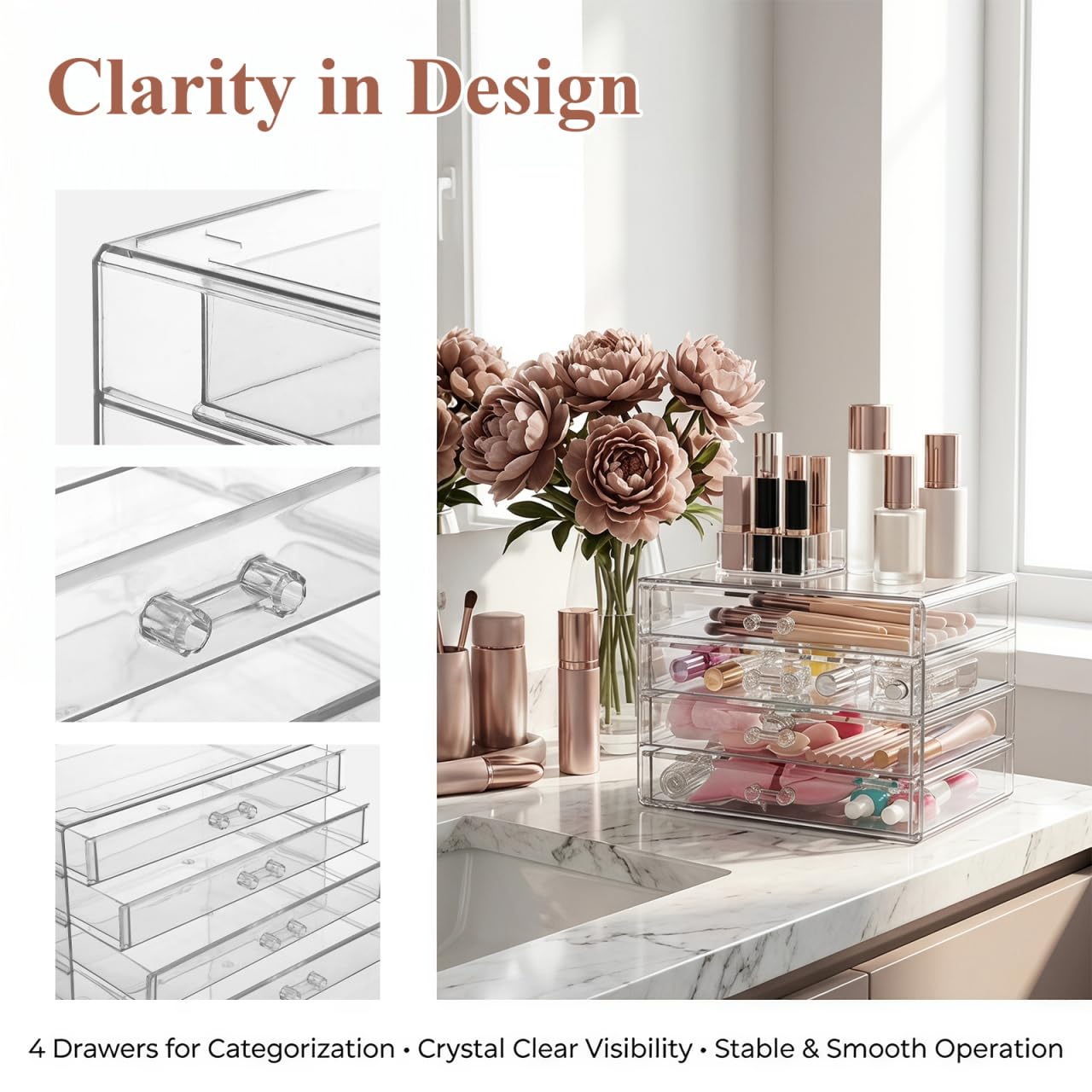 Healeved Scatola di immagazzinaggio di trucco acrilico 4 cassetti Desktop Cosmetic Organizer Grande Caso di trucco domestico a quattro strati per cosmetici da tavolo Vanity