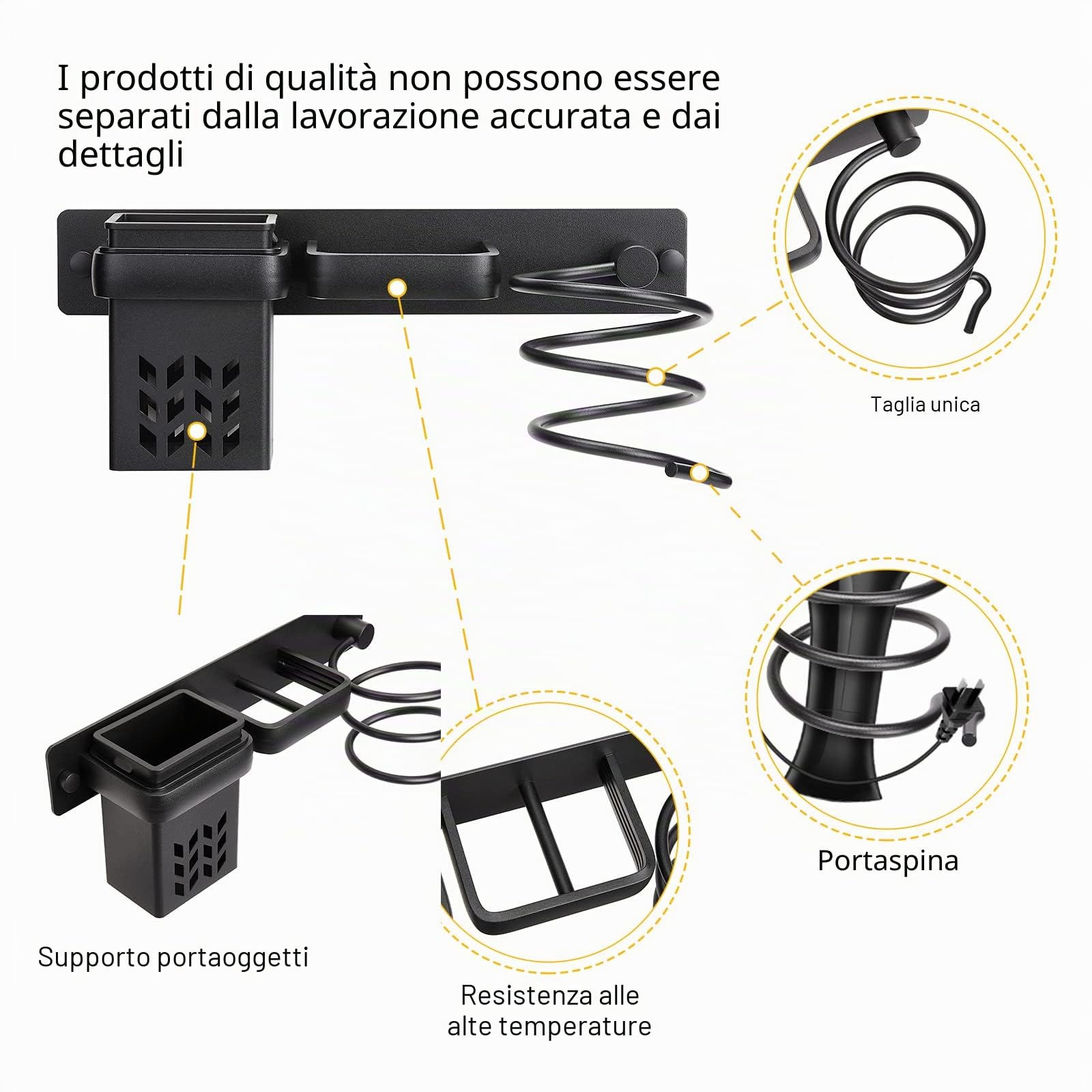 YUET Supporto per asciugacapelli, Porta Asciugacapelli da Parete Alluminio con Fermacavi con Viti di Fissaggio, Supporto per Piastra per Capelli per Camere da Letto Toilette Barbiere (Nero)