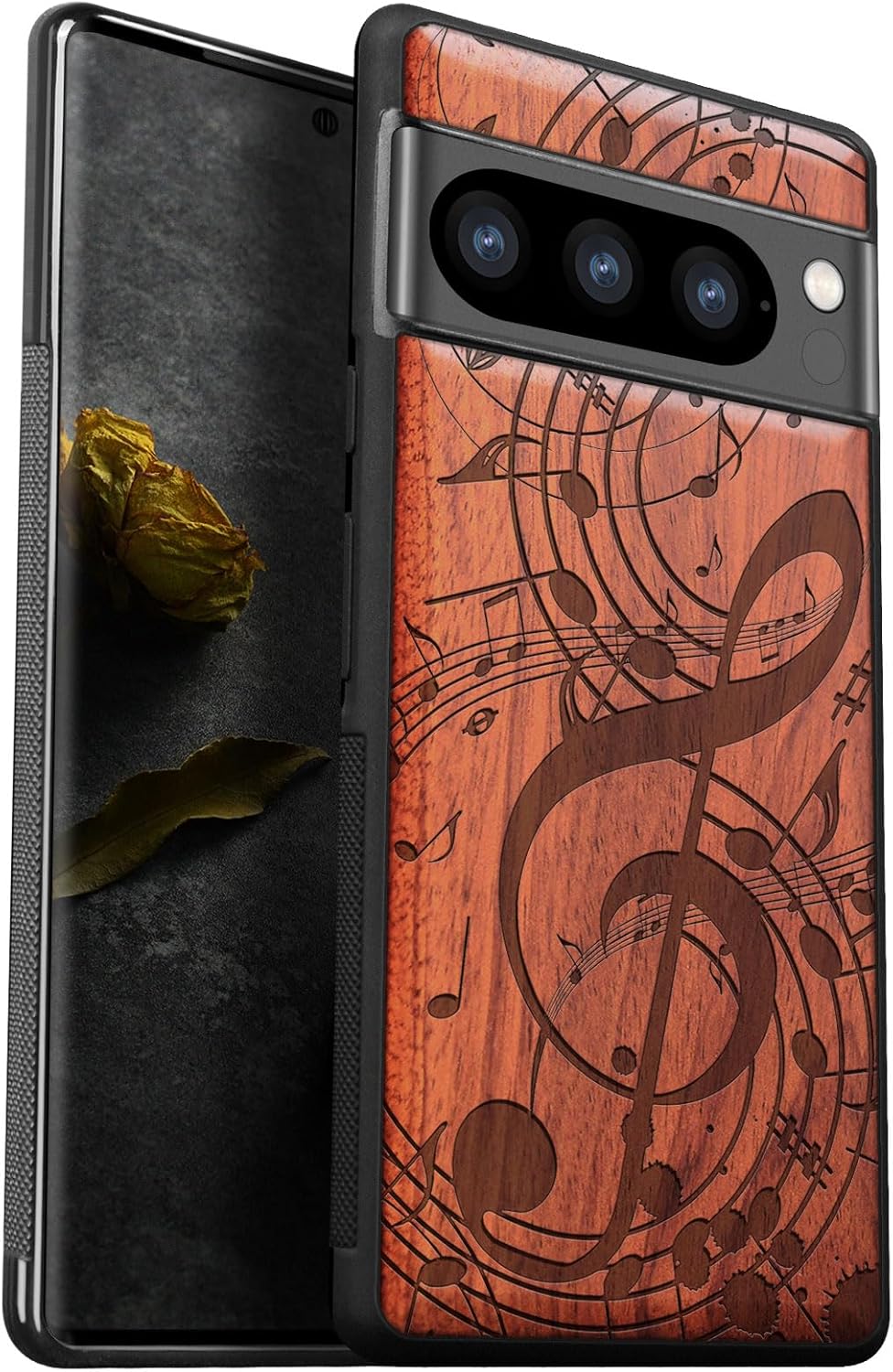 Carveit Wood Case for Pixel 8 Pro Case [Natural Wood & Black Soft TPU] Shockproof Protective Unique Wooden Cover Compatible with Google Pixel 8 Pro (Musical Notes-Rosy)