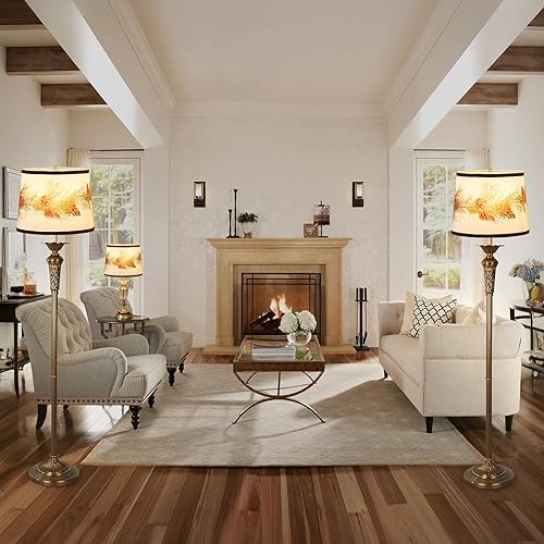 Miniatura 80 de Juego de 2 pantallas marrones, lámparas de mesa y pie de tela mediana, parte superior de 13 pulgadas x 11 pulgadas inferior x 10 pulgadas de alto