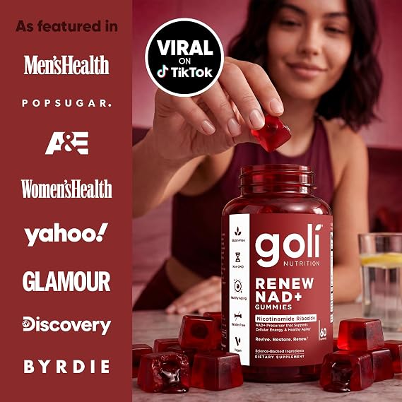 Goli Worlds First Renew NAD+, 60 Count Nicotinamide Riboside (NR) Cellular Energy & Healthy Aging Support Vegan, Non-GMO, Gelatin-Free Liquid-Center Gummies