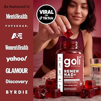 Goli Worlds First Renew NAD+, 60 Count Nicotinamide Riboside (NR) Cellular Energy & Healthy Aging Support Vegan, Non-GMO, Gelatin-Free Liquid-Center Gummies