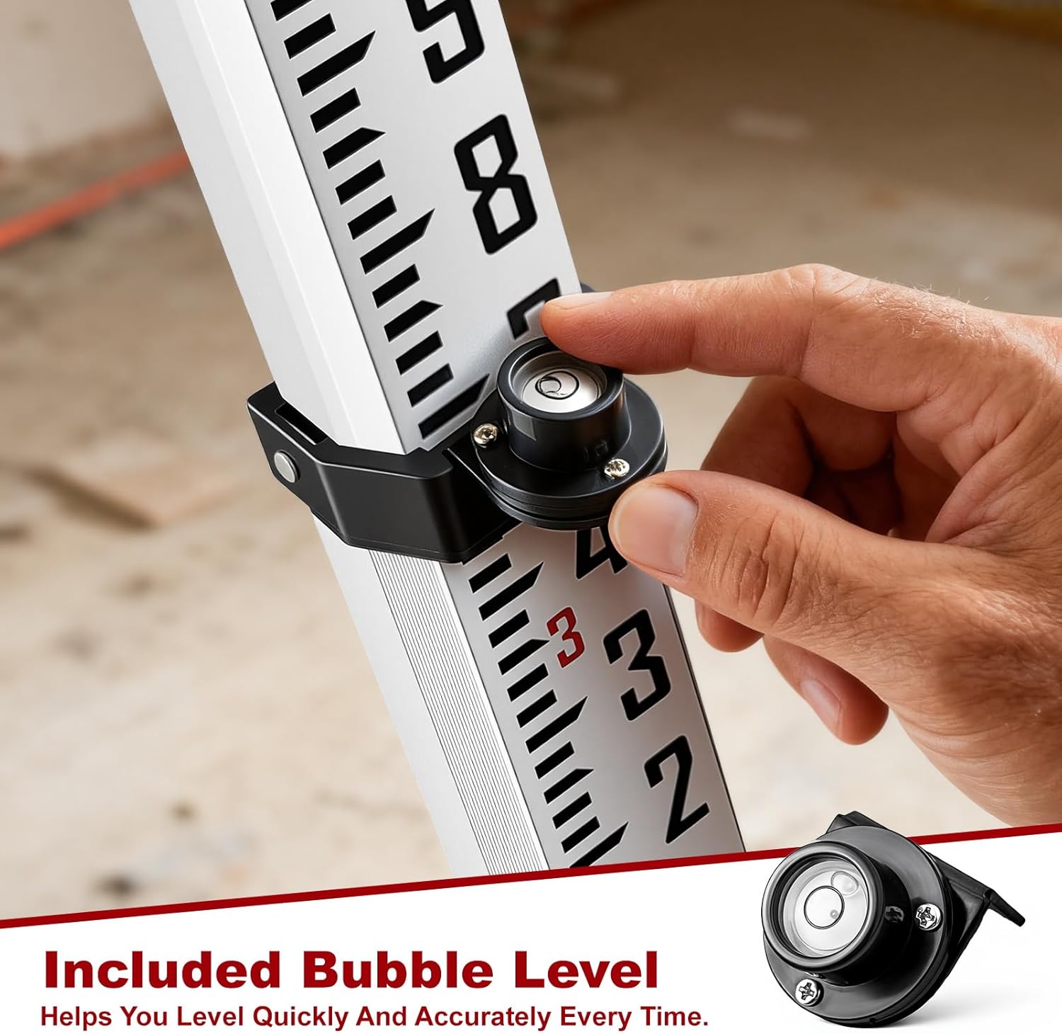 16 FT Sided Aluminum Grade Rod, 5 Sections Telescopic Measuring Rod, Double-Sided Scale Grade Stick, 10ths Grade Rod Telescopic Rectangular Leveling Rod with Bubble Level and Lock Button