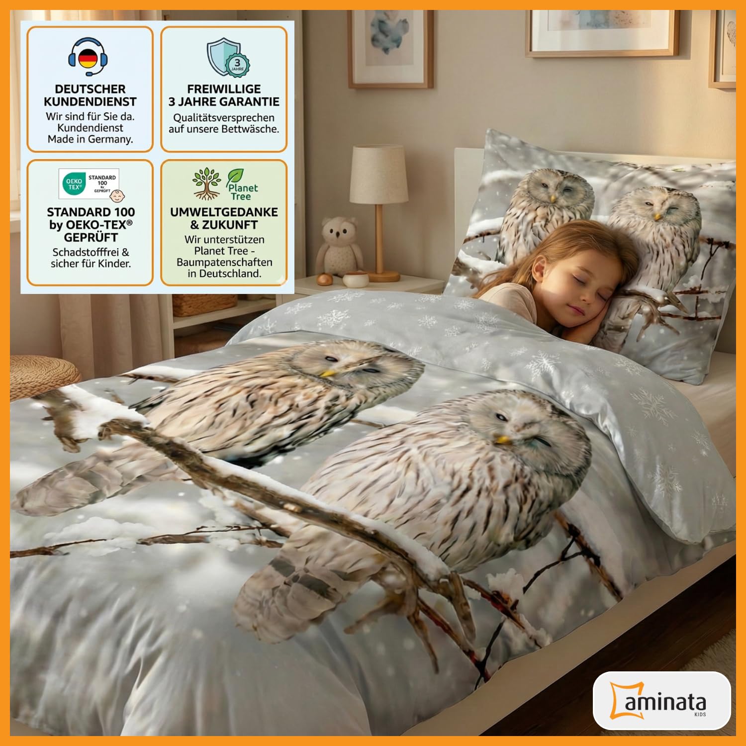 Aminata kids Biber Bettwäsche Eule 135x200 100% Baumwolle Tier-Motiv