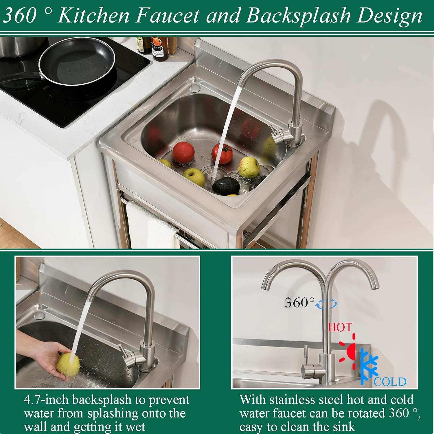 Stainless Steel Utility Sink, Free Standing Small Stainless Steel Sink with Faucet Laundry Room Sink 16 Gauge Single Bowl Outdoor Commercial Garage Sink (19"D x 23"W x 38"H)