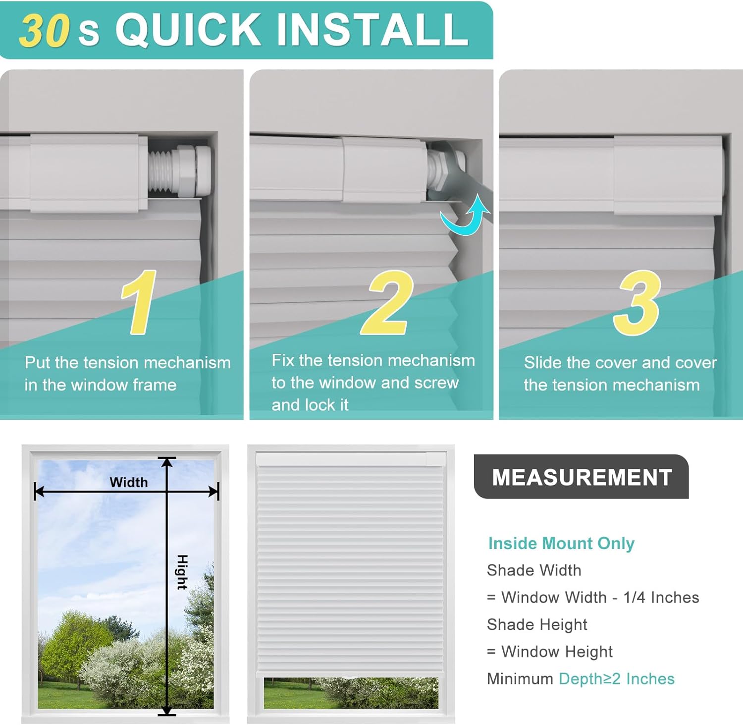 Changshade Cellular Shades Day and Night Blinds for Windows Custom Size, No Drill No Tools Cordless Blackout Light Filtering 2 in 1 Top Down Bottom Up Double Honeycomb Thermal Insulated, White