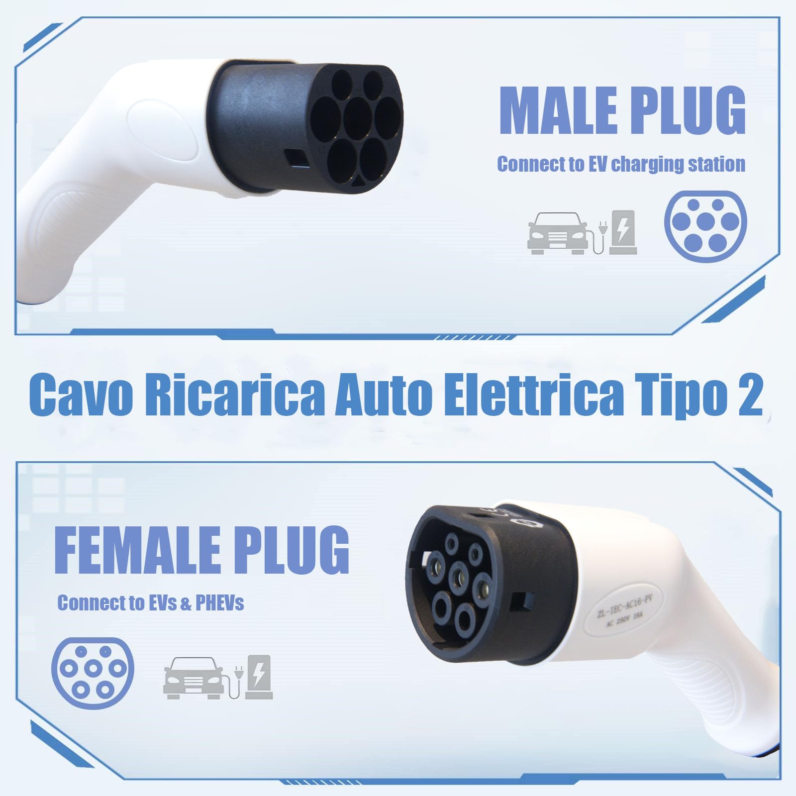 Cavo Ricarica Auto Elettrica Tipo 2 Schuko, 3.6kW 8/10/13/16A, Portatile Con Borsa, 6 Metri, IEC 62196-2