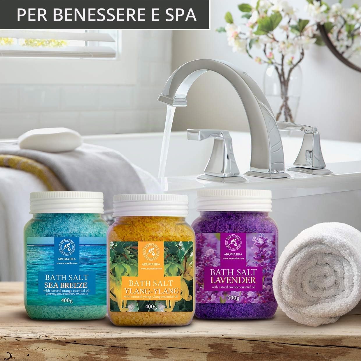 Set Sali da Bagno di Lavanda - Brezza Marina - Ylang-Ylang - Naturale al 100% - Ideale per Dormire Bene - Antistress - Cura del Corpo - Benessere - Bellezza - Rilassamento - Spa