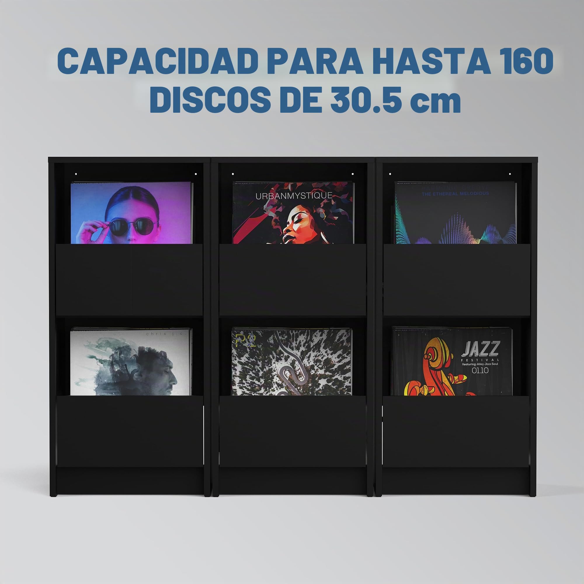 Glorious Vinyl Vault - Armario para Discos de Vinilo con cajones de Cierre Suave para LPs de 12 Pulgadas, Capacidad para 160 álbumes, diseño Modular, Color Negro