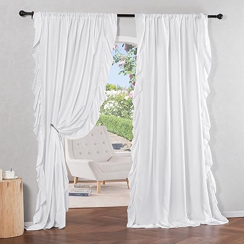 NICETOWN Cortinas blancas con volantes para sala de estar de granja, bolsillo para barra, cortinas de lujo de macramé fluidas, cortinas de