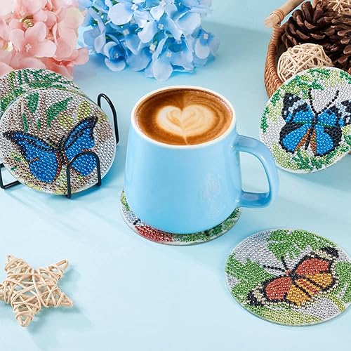 Miniatura 7 de Craftdady 8 posavasos de arte de diamantes de mariposa 5D para pintar con diamantes, posavasos de pintura de diamantes con soporte, posavasos