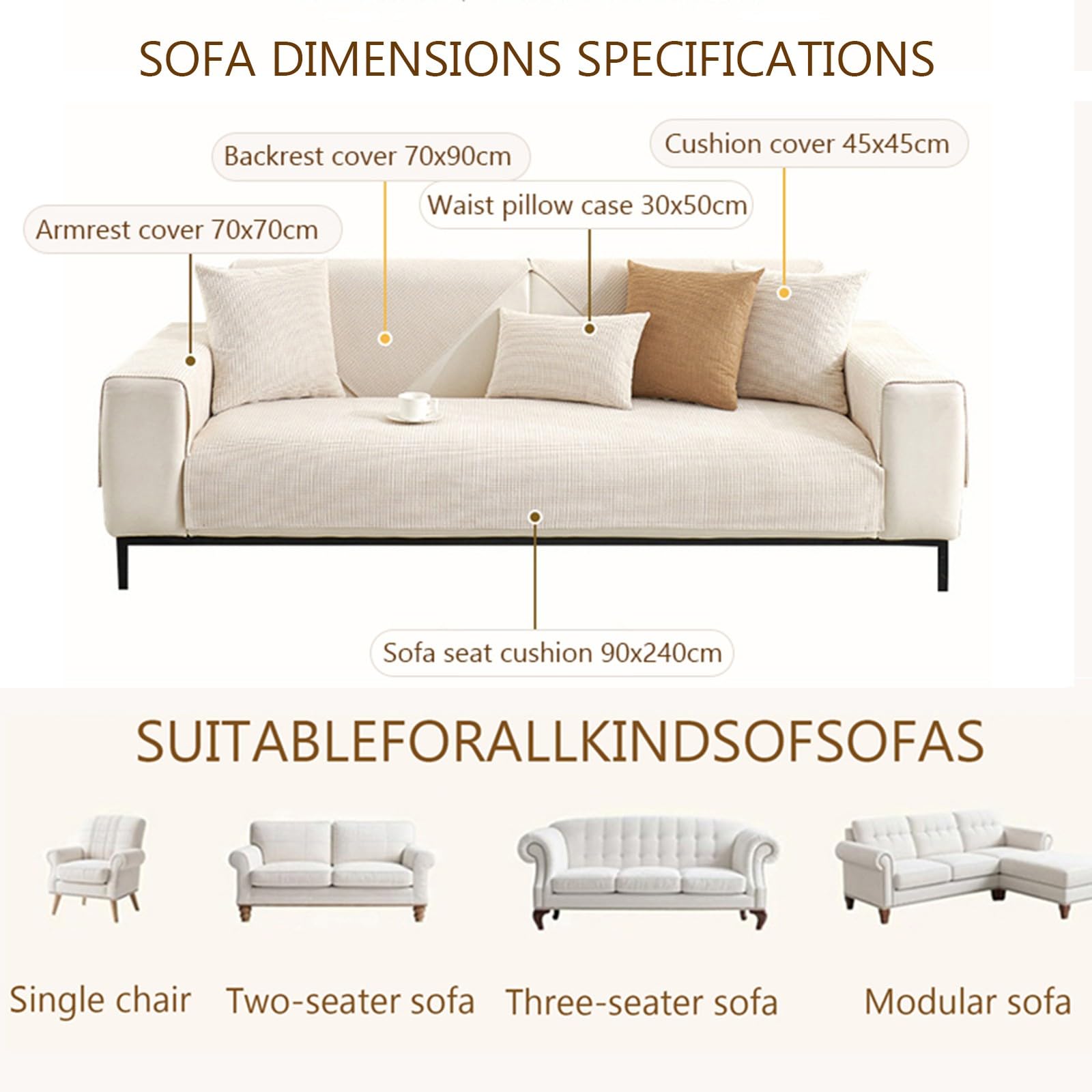 Modularer Sofabezug, babysicher, weicher Maisstoff, rutschfeste Partikel, maschinenwaschbar & wasserdicht, für Sektionalsofa (Dunkelgrau, 70 x 210 cm)