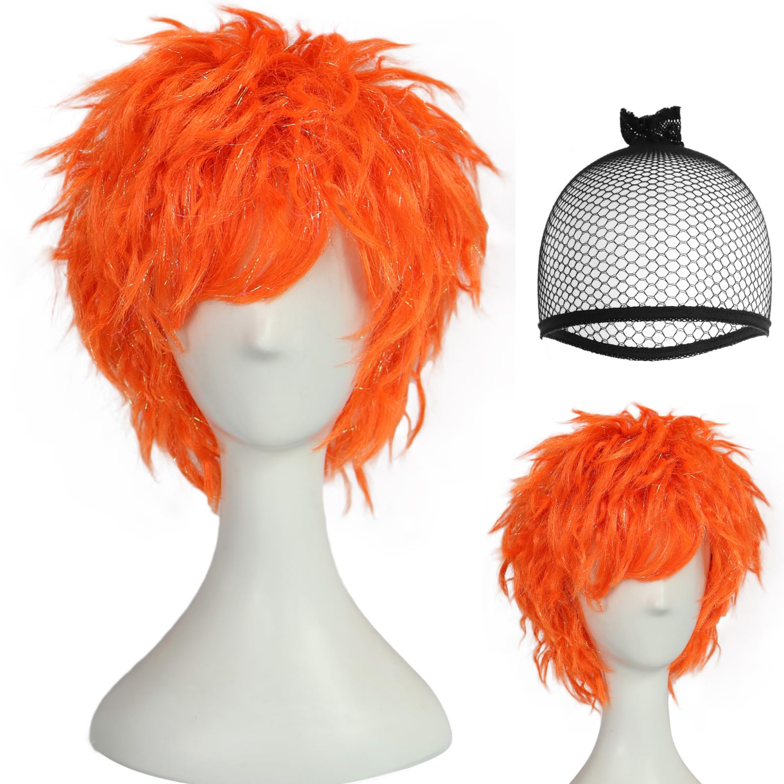 BECULINA Mens Short Orange Wig with Hair Cap Oranged Spiky Wigs with Bangs for Men Short Orange Layered Wigs Messy Oranging Cosplay Hair for Halloween Christmas Party Costume Outfit