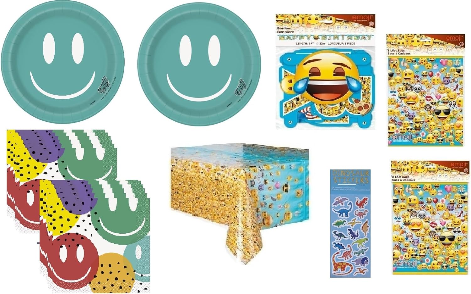 Emoji Birthday Party Supplies Bundle includes 16 Plates, 16 Napkins, 1 Table Cover, 1 Banner, 16 Loot Bags
