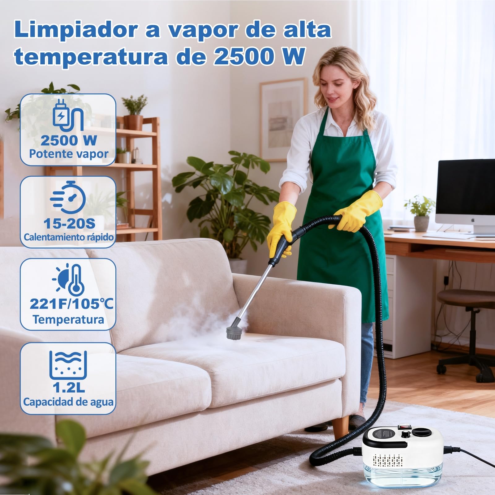 Limpiador de Vapor Portátil 2500W 3.5Bar - Depósito 1200ml | 6 Niveles Ajustables, Calentamiento 15s, Temperatura 105°C - Elimina Grasa, Bacterias y Suciedad Profunda