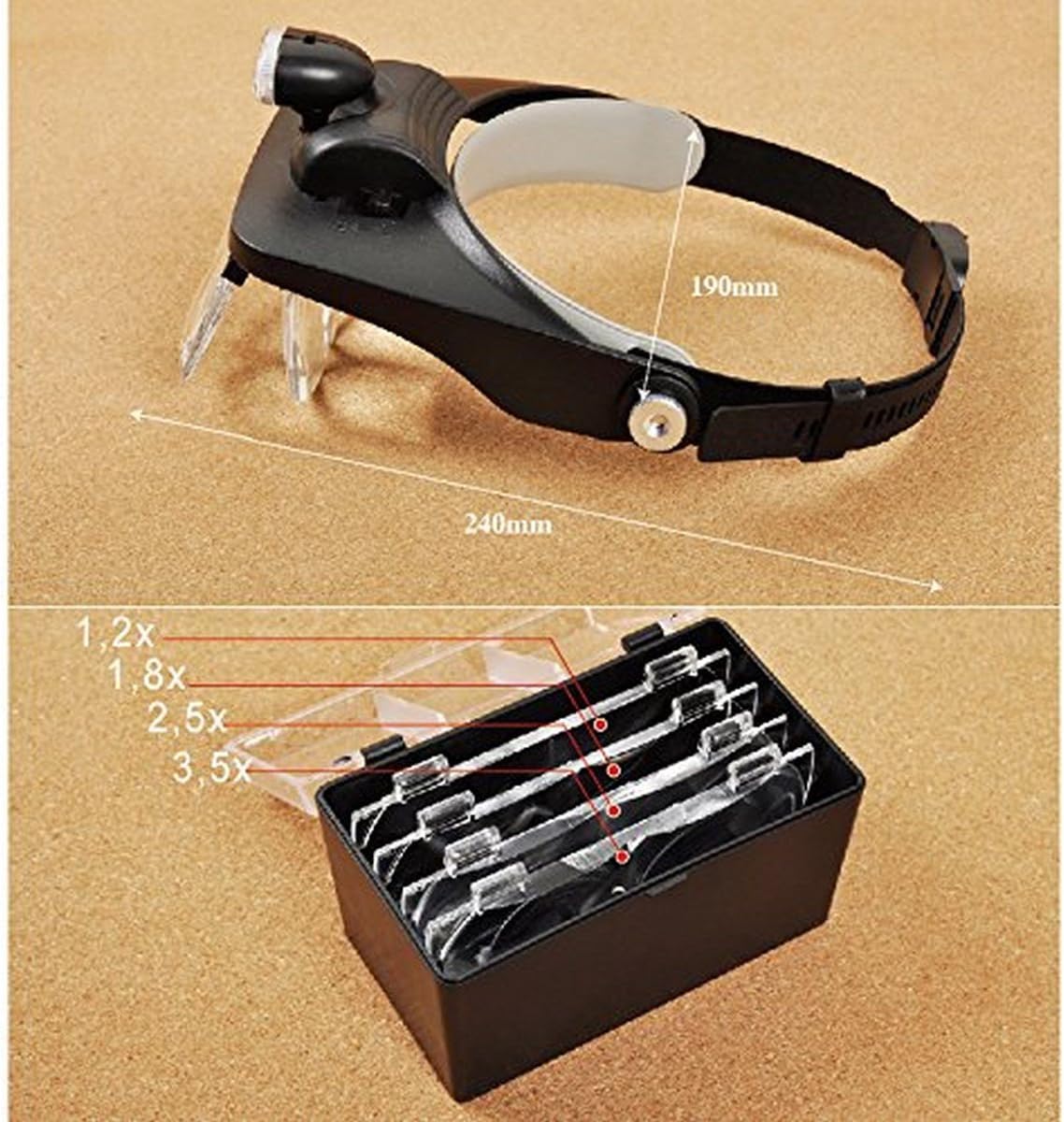 VISIERA CON 4 LENTI D'INGRANDIMENTO BINOCULARI CON TORCIA A LED