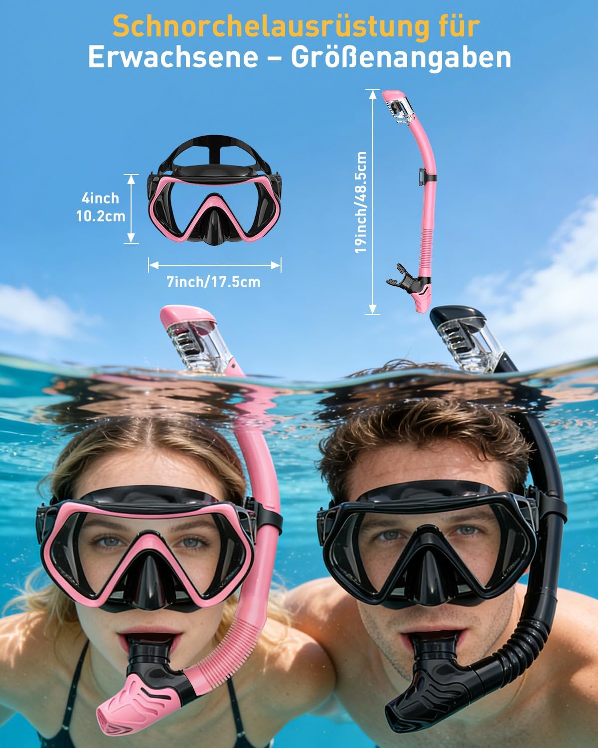 Snorkeling Gear for Adults, Adult Snorkel Mask Set Scuba Diving Dry-Top, Swimming Goggles w/Nose Cover, HD Tempered Glass Panoramic Anti-Leak Anti-Fog, Travel Snorkeling Packages