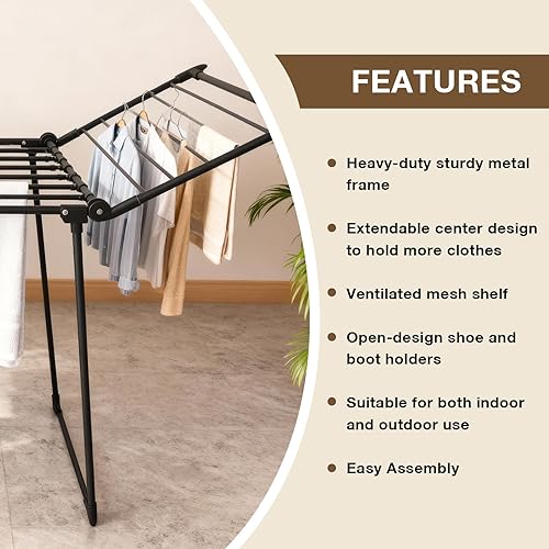 Miniatura 22 de Estante de secado de ropa, estante de lavandería Gullwing, plegable, ahorra espacio, con clips para calcetines, para ropa, toallas, ropa de cama