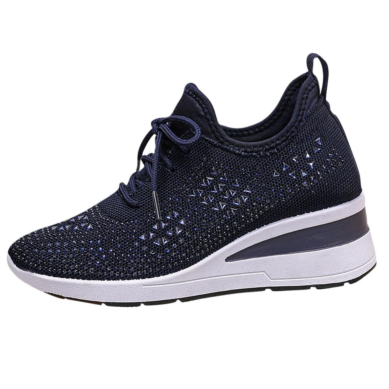Scarpe da ginnastica da donna con zeppa e strass, traspiranti, alla moda, con lacci e strass, con zeppa e plateau, scarpe da ginnastica da ginnastica, Blu scuro, 36.5 EU