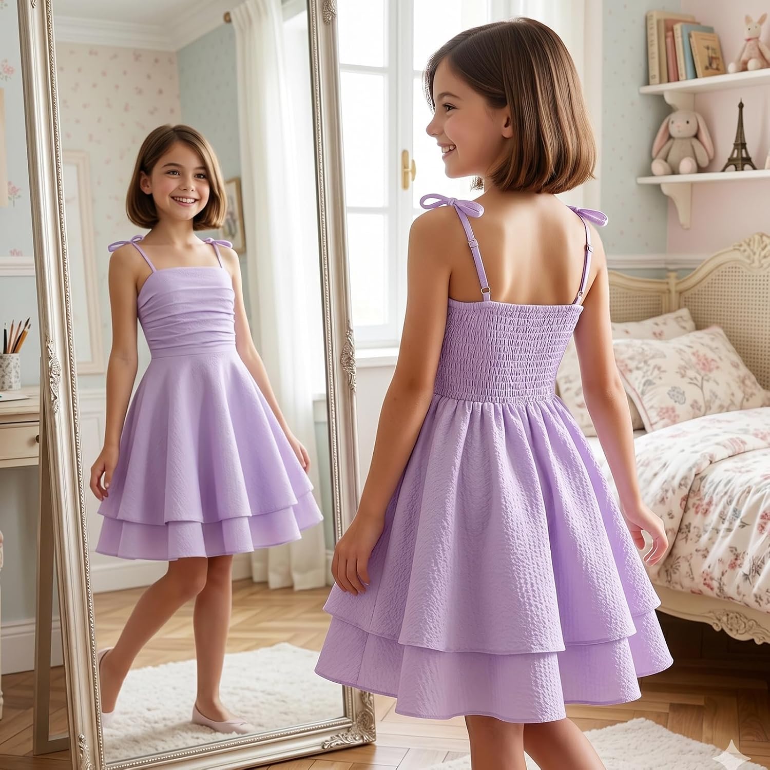 Girls Dress, Summer Clothes Flutter Sleeve, Elastic Waist, A-Line, Casual, for 7-14 Years Kids