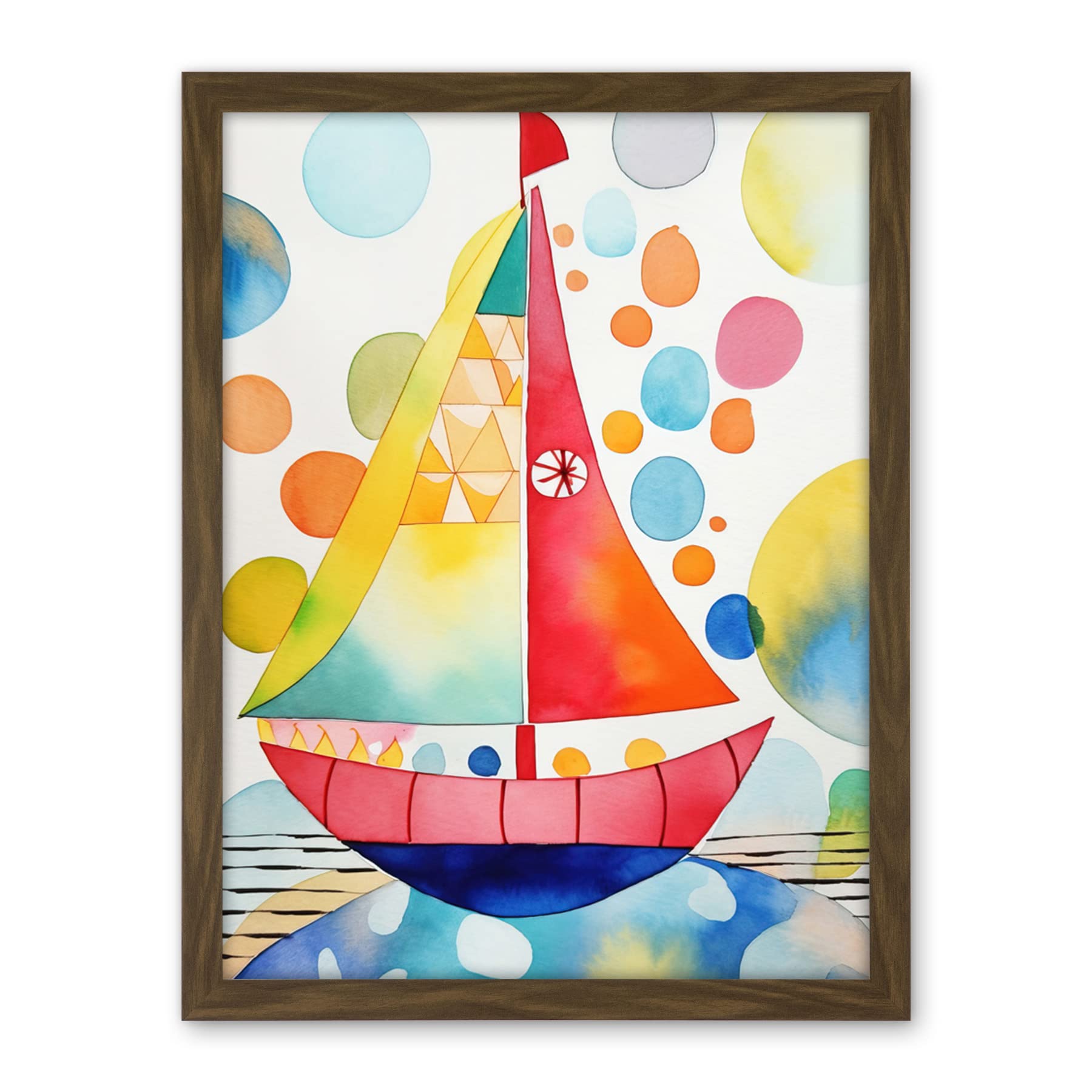 Artery8 Sailboat At Sunset Folk Art Artwork Framed Wall Art Print 18X24 Inch