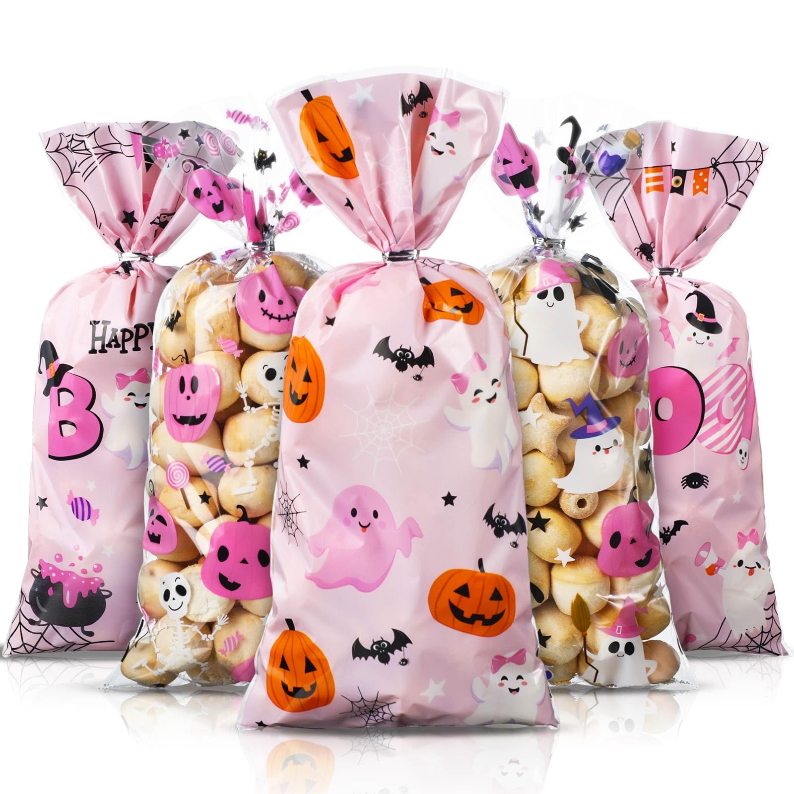 Yeaqee 100 Pcs Little Boo Baby Shower Favor Bags - Pink Halloween Candy Treat Bags - Bulk Goody Gift Bags for Kids Birthday Party Favors