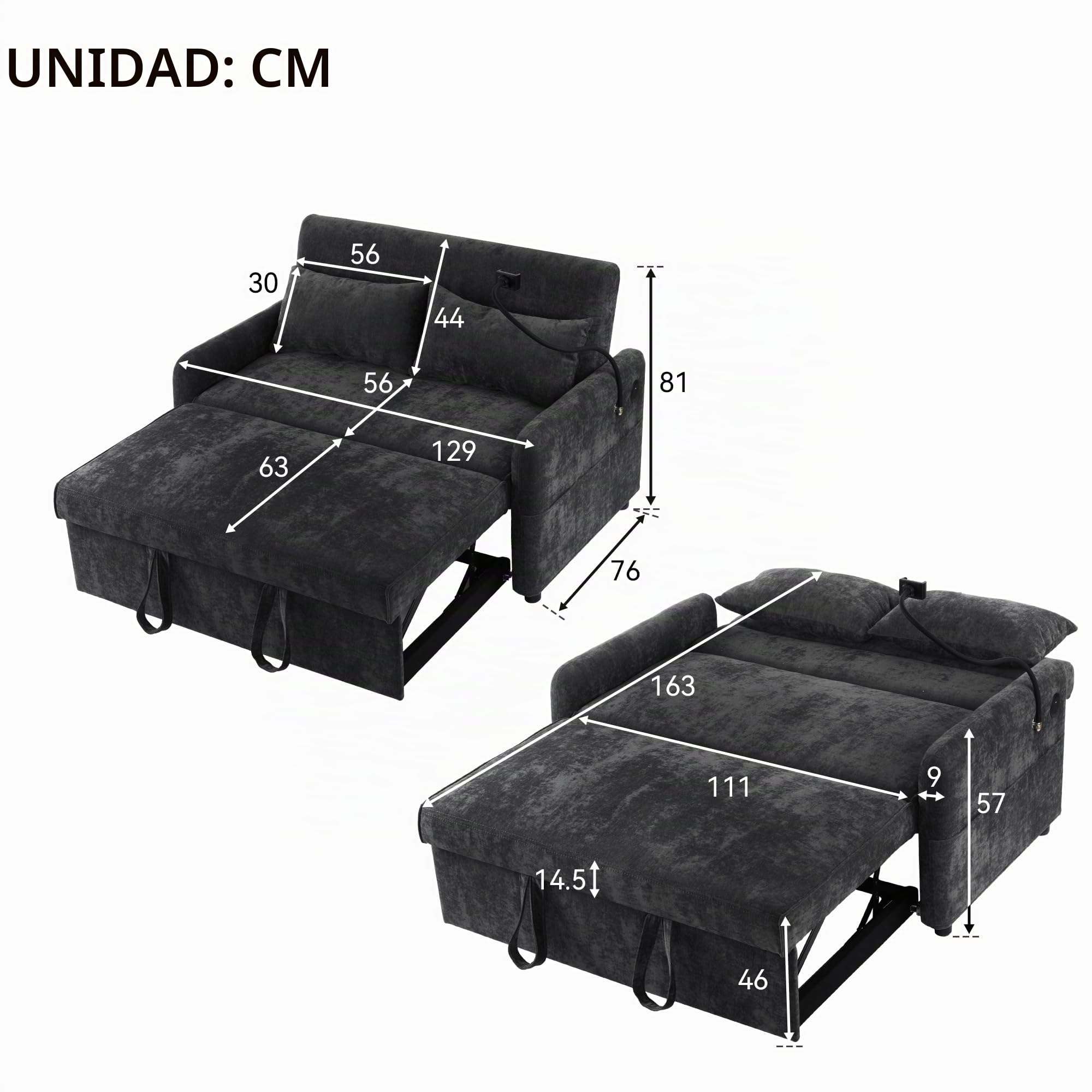 Azkoeesy Sofá cama plegable con función de dormir, sofá de 2 plazas con respaldo ajustable, soporte para móvil, USB, 2 cojines, tela de chenilla, para salón, dormitorio, sala de cine en casa (Gris)