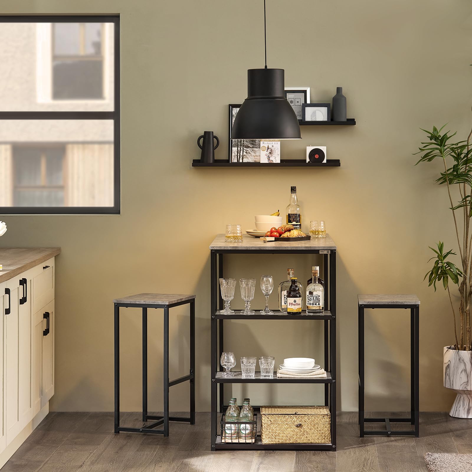 SoBuy Ensemble de Meubles de Balcon Lot de 3 Tables + 2 tabourets, Table Haute 3 étagères Gris OGT43-HG