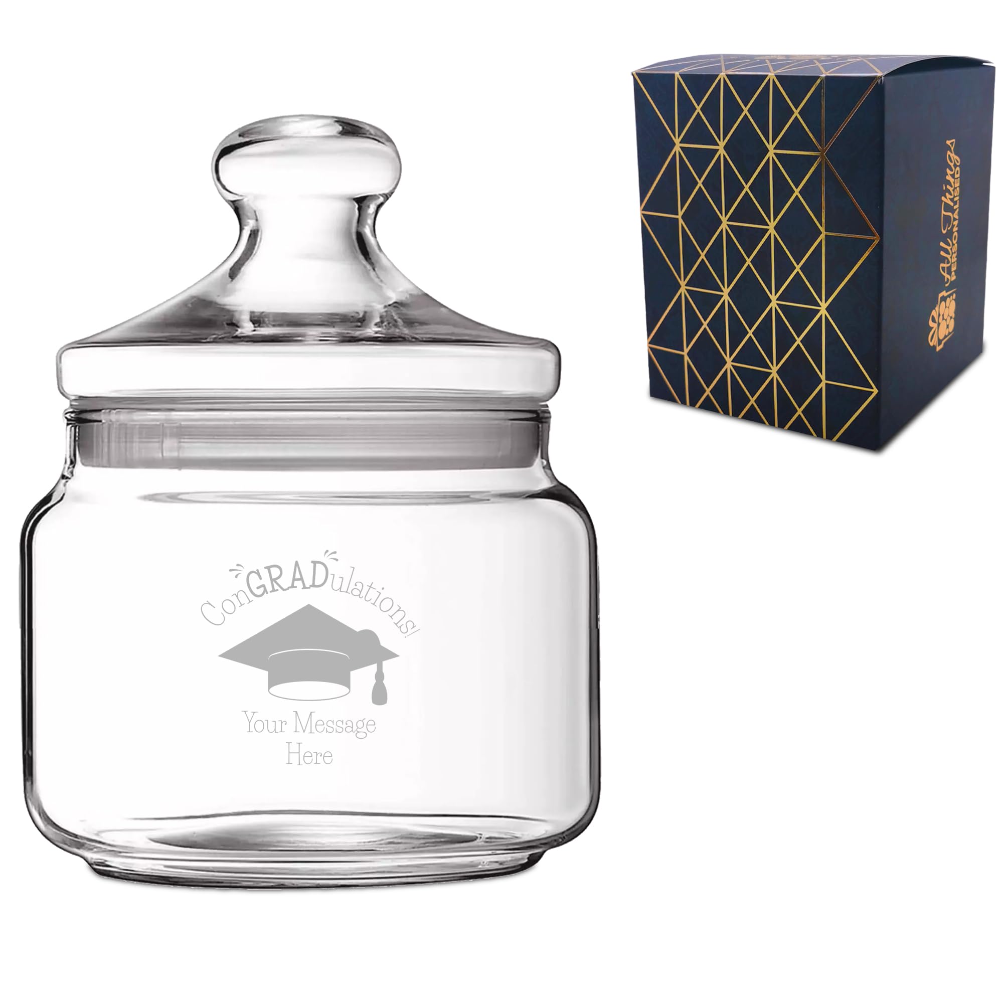 Personalised 0.5 Litre Glass Sweets Biscuits Jar with ConGRADulations Design, Custom Laser Engraved Treat Jar with Lid, Personalised Graduation Gift for Graduate and Student Success, Gift Box Included