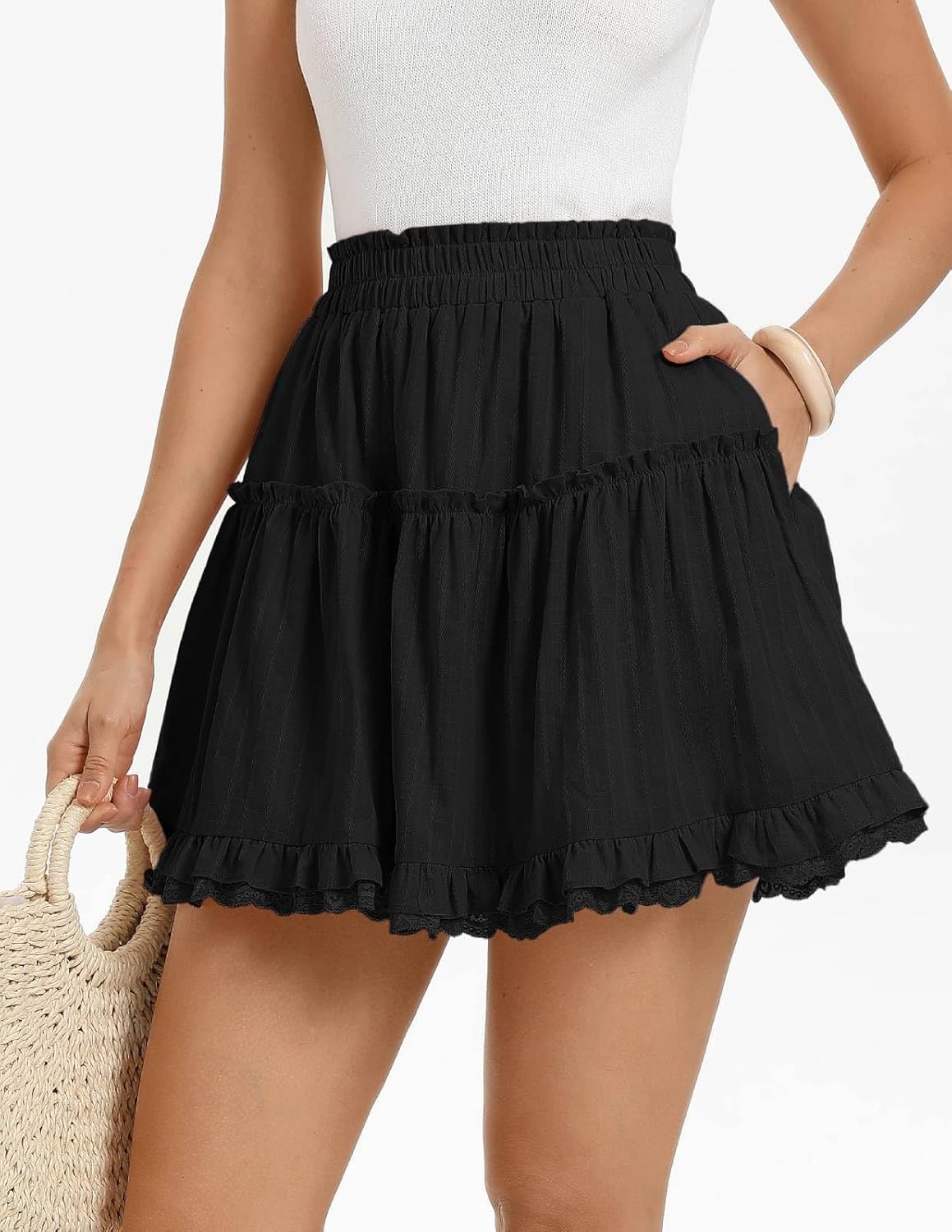 Kate Kasin Women Cotton Mini Skirts with Shorts Underneath, Ruffle Lace Skirt Flowy, Tiered Skorts with Pockets