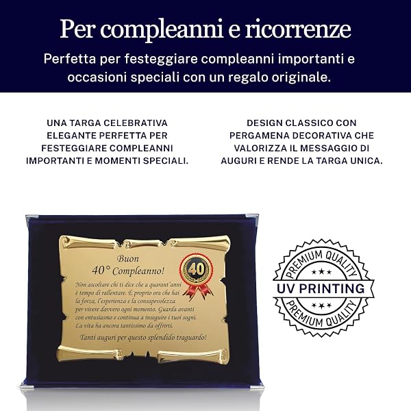 Targa Compleanno con Pergamena – Targa Celebrativa in Cofanetto Velluto – Idea Regalo Elegante per Compleanno e Ricorrenze – Targa Ricordo (Blu, 40 Anni) - 5