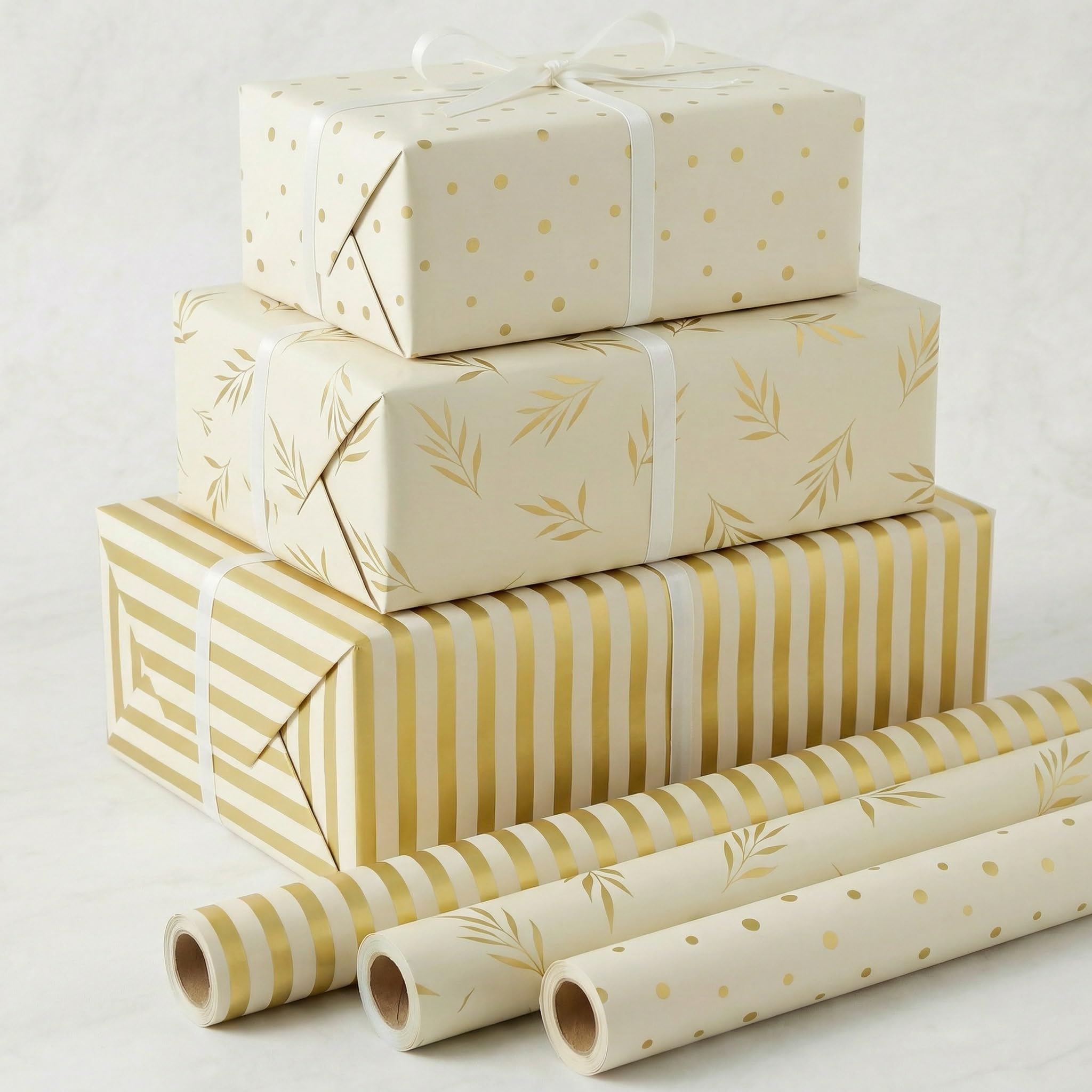 ZICOTO Piękne rolki papieru do pakowania na każdą okazję o wymiarach 7–48 x 300 cm w rolce, piękny papier do pakowania prezentów – beżowy i złoty papier idealny na urodziny, ślub, baby shower